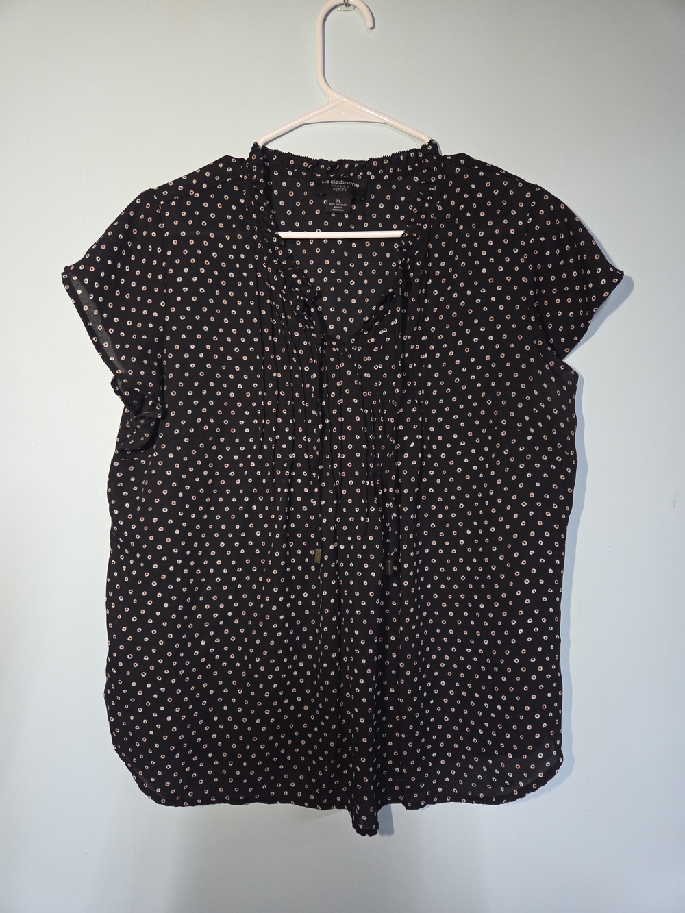 Liz Claiborne Black Polka Dot Ruffle Tie-Neck Blouse